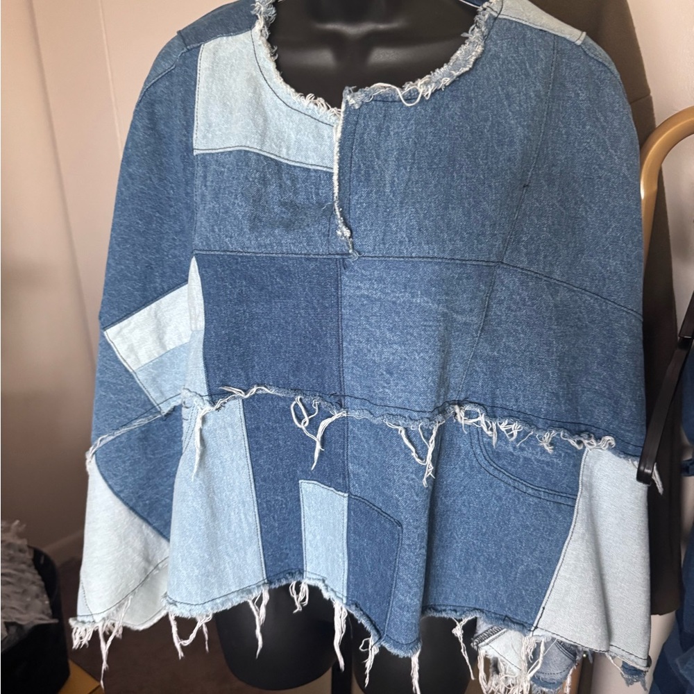 AKIRA Blue Patchwork Denim Poncho Top - Picture 4 of 4